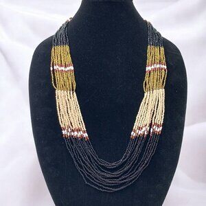 Multi Strand Seed Bead Necklace Earth Tones Gold Ivory Rust Slate 29"L + 1"